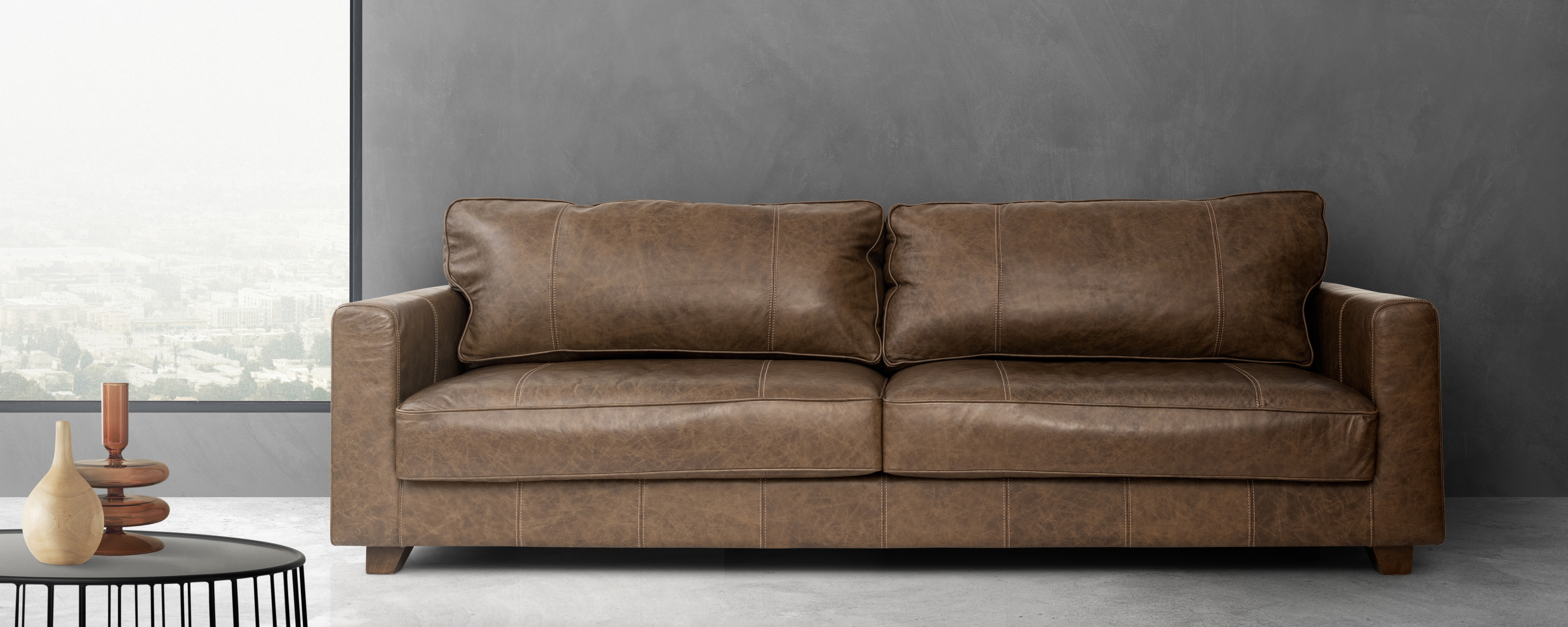 industrial living room interior design with faux leather sofa